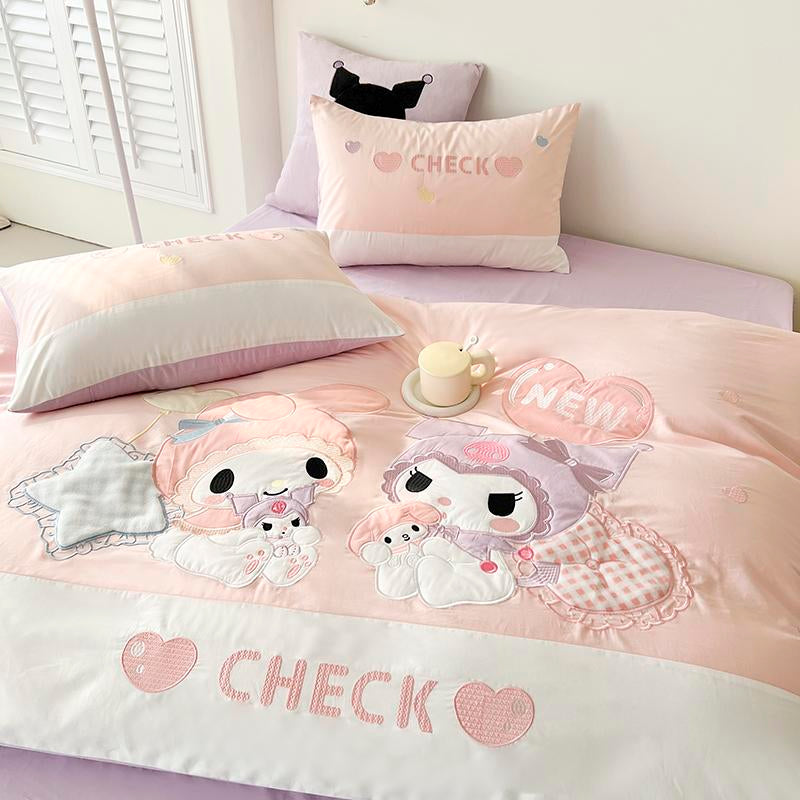 Kuromi and My melody Embroidery Design Cotton Bedding Sheet