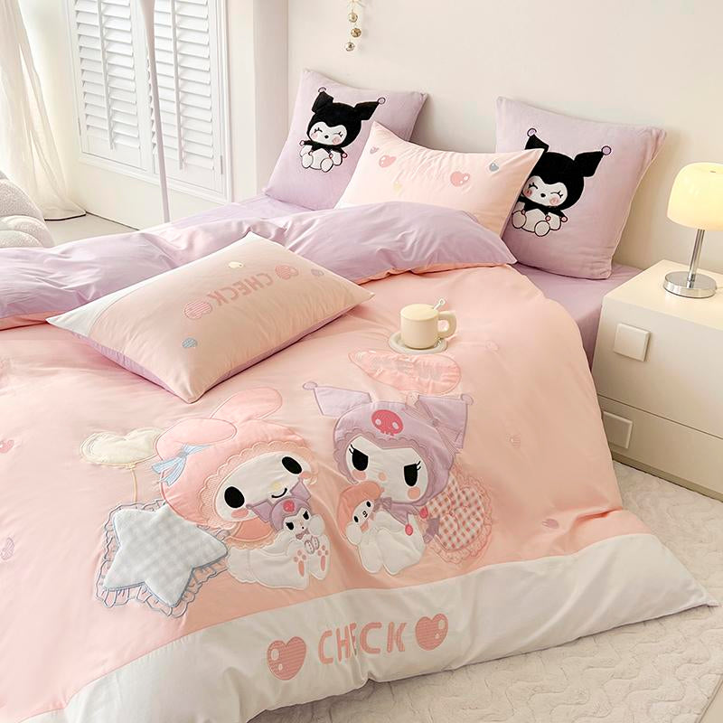 Kuromi and My melody Embroidery Design Cotton Bedding Sheet