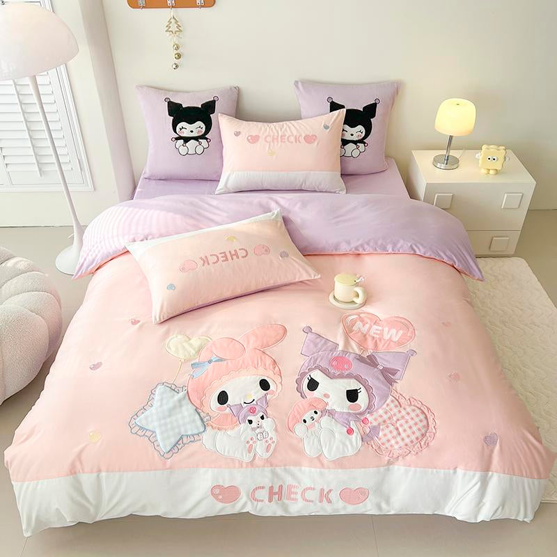 Kuromi and My melody Embroidery Design Cotton Bedding Sheet