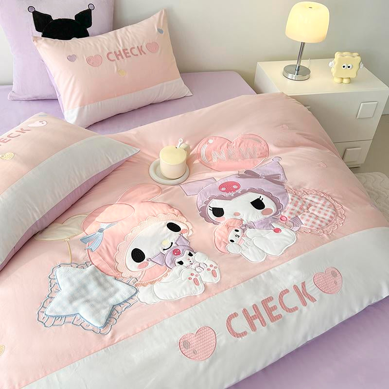 Kuromi and My melody Embroidery Design Cotton Bedding Sheet