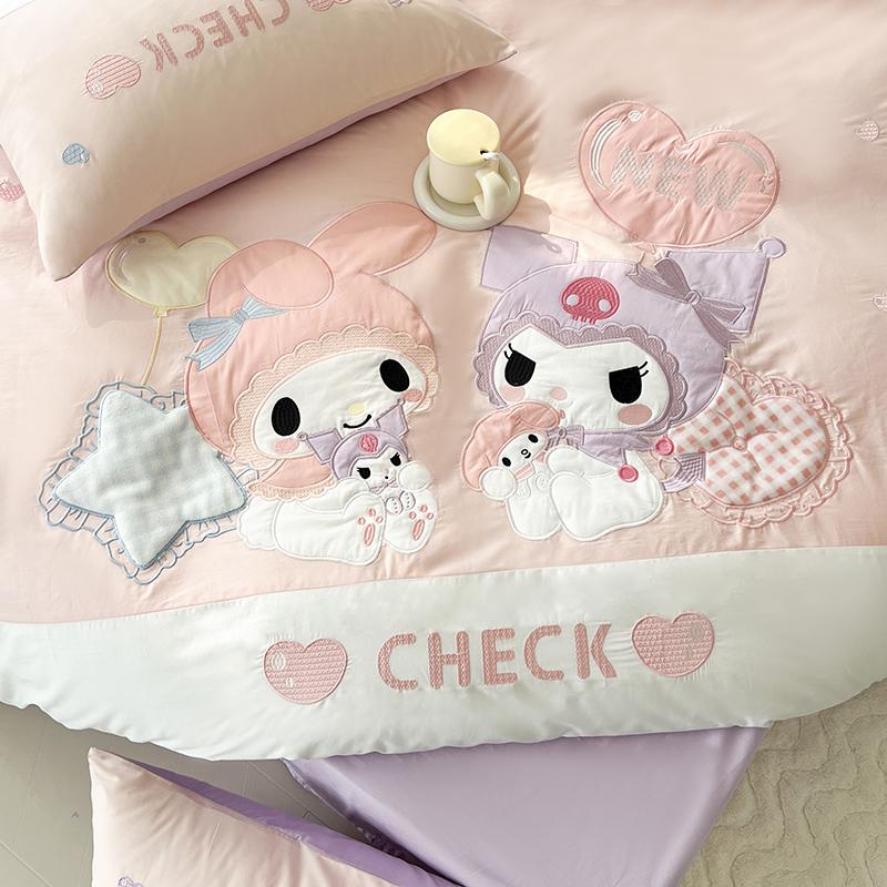 Kuromi and My melody Embroidery Design Cotton Bedding Sheet