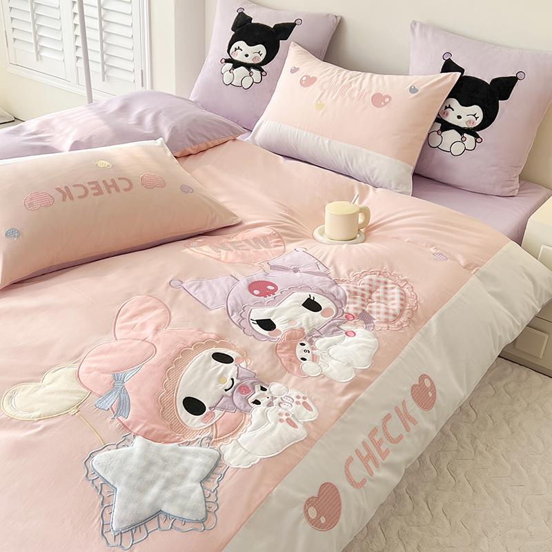 Kuromi and My melody Embroidery Design Cotton Bedding Sheet