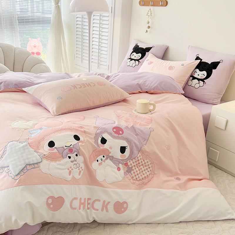 Kuromi and My melody Embroidery Design Cotton Bedding Sheet