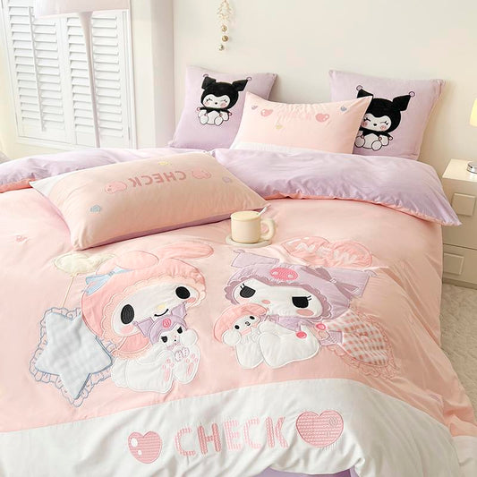 Kuromi and My melody Embroidery Design Cotton Bedding Sheet