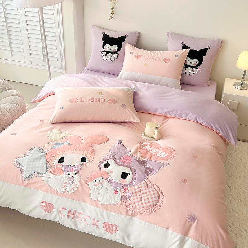 Kuromi and My melody Embroidery Design Cotton Bedding Sheet