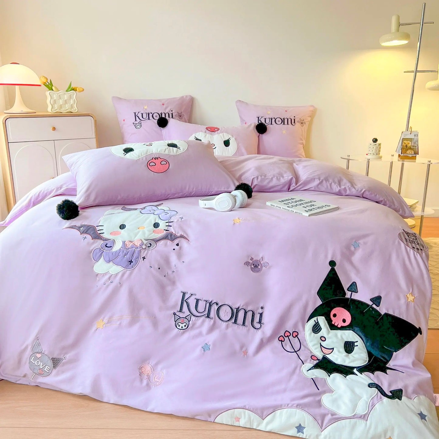 Kuromi and Hello Kitty Embroidery Design Cotton Bedding Sheet