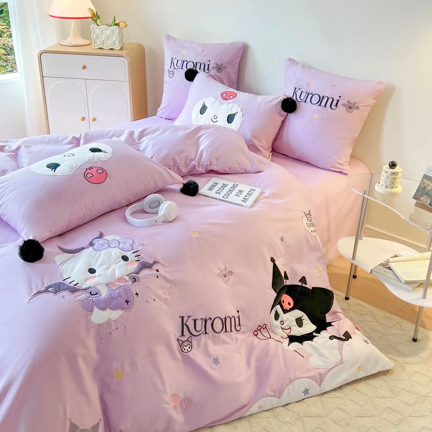 Kuromi and Hello Kitty Embroidery Design Cotton Bedding Sheet