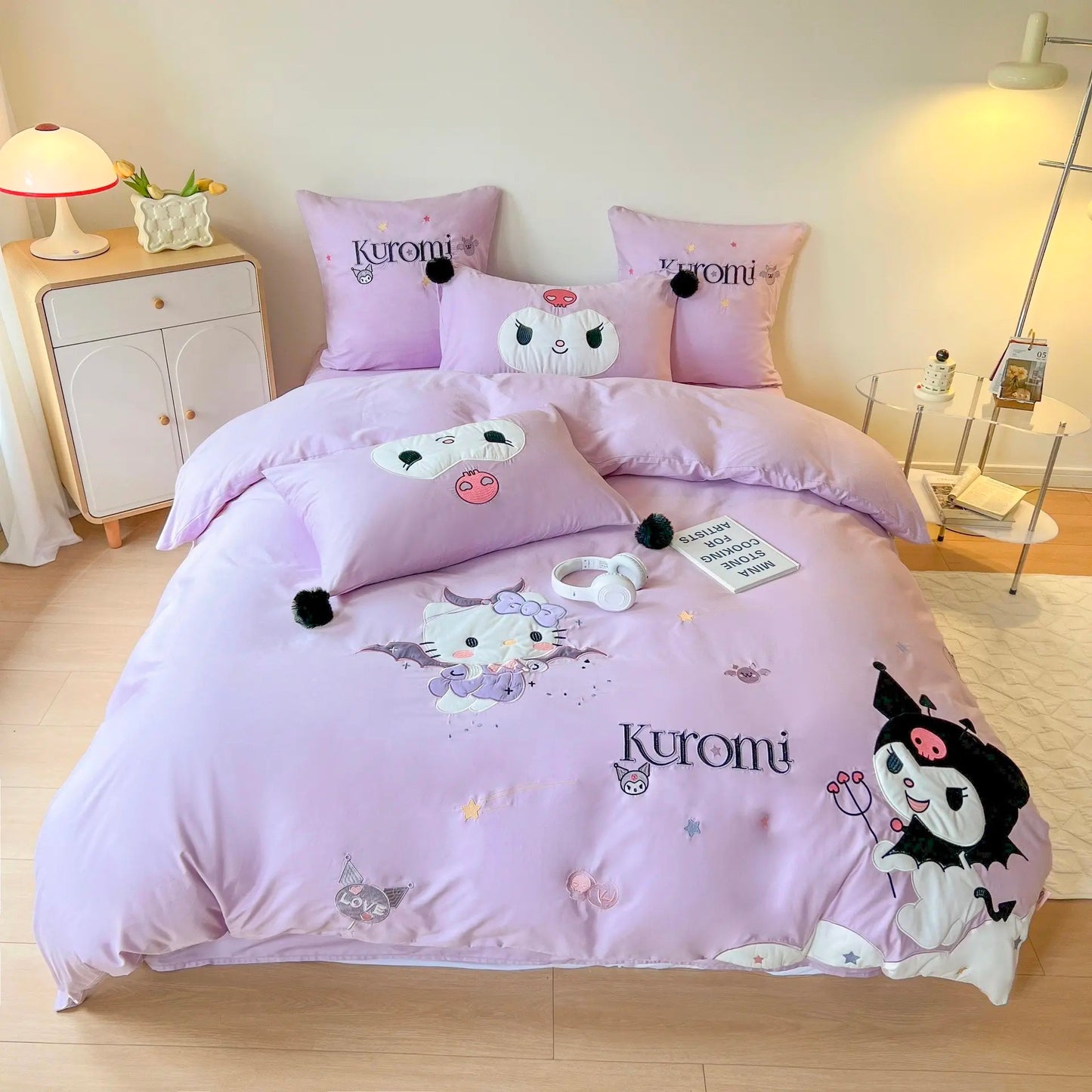 Kuromi and Hello Kitty Embroidery Design Cotton Bedding Sheet