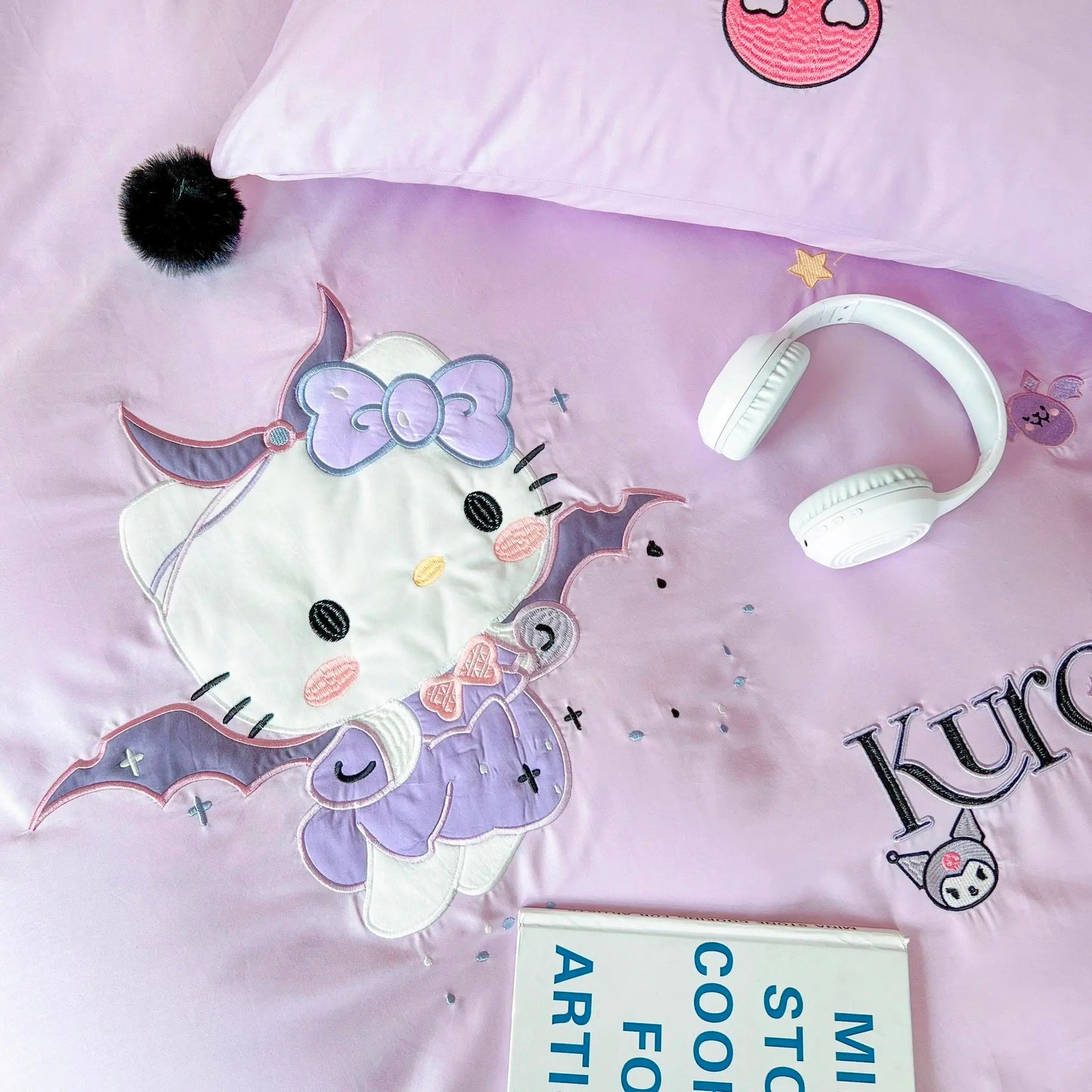 Kuromi and Hello Kitty Embroidery Design Cotton Bedding Sheet